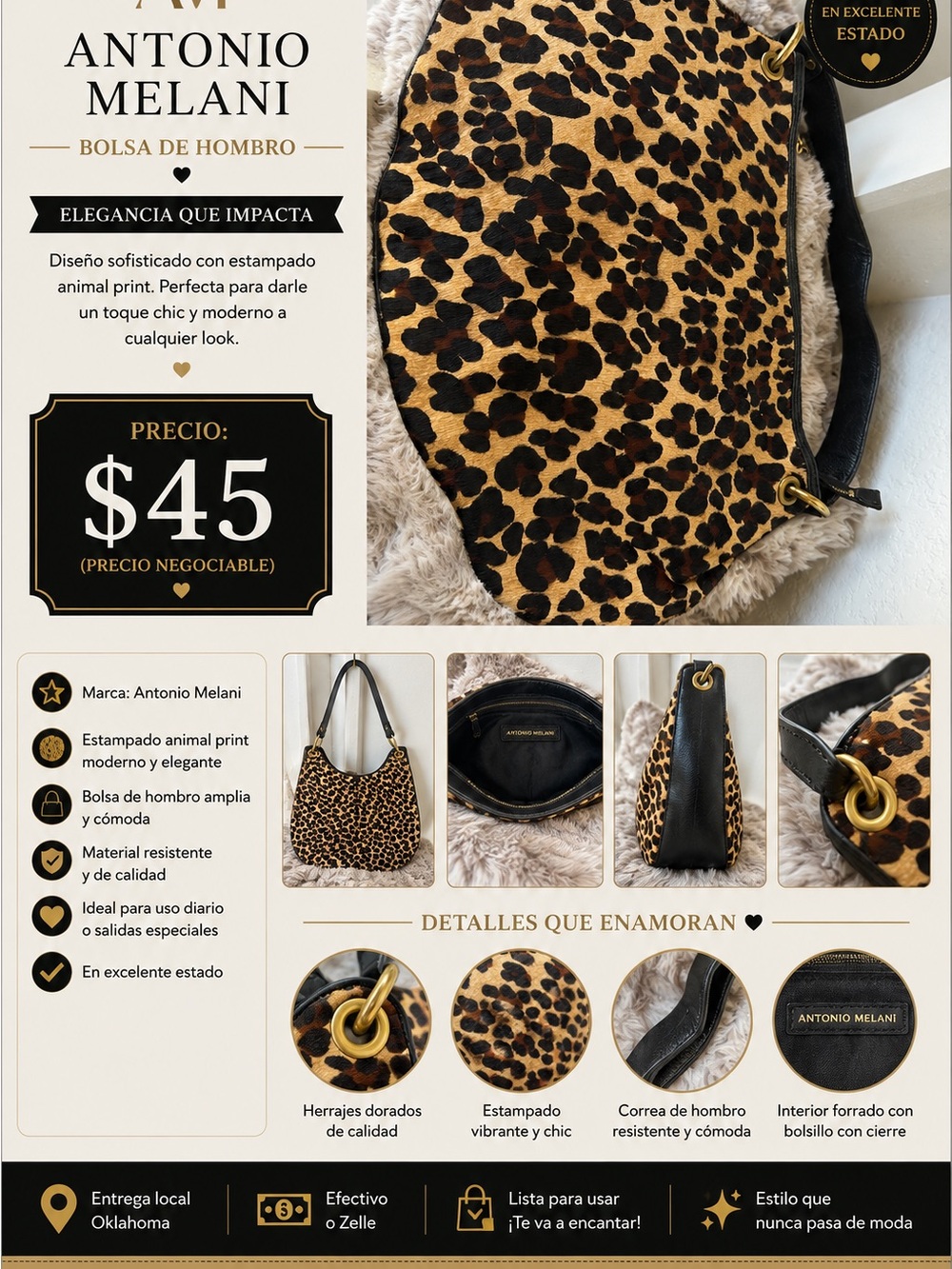 ANTONIO MELANI Leopard-Print Shoulder Bag with Black Trim and Gold Hardware